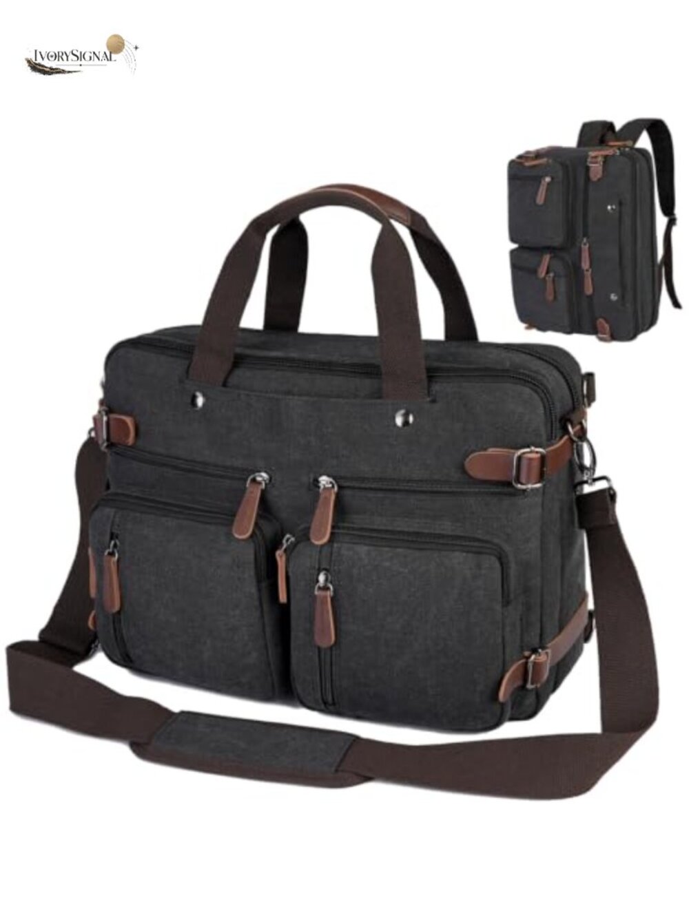 3-in-1 Convertible Laptop Bag Messenger Briefcase Backpack Canvas Work Travel